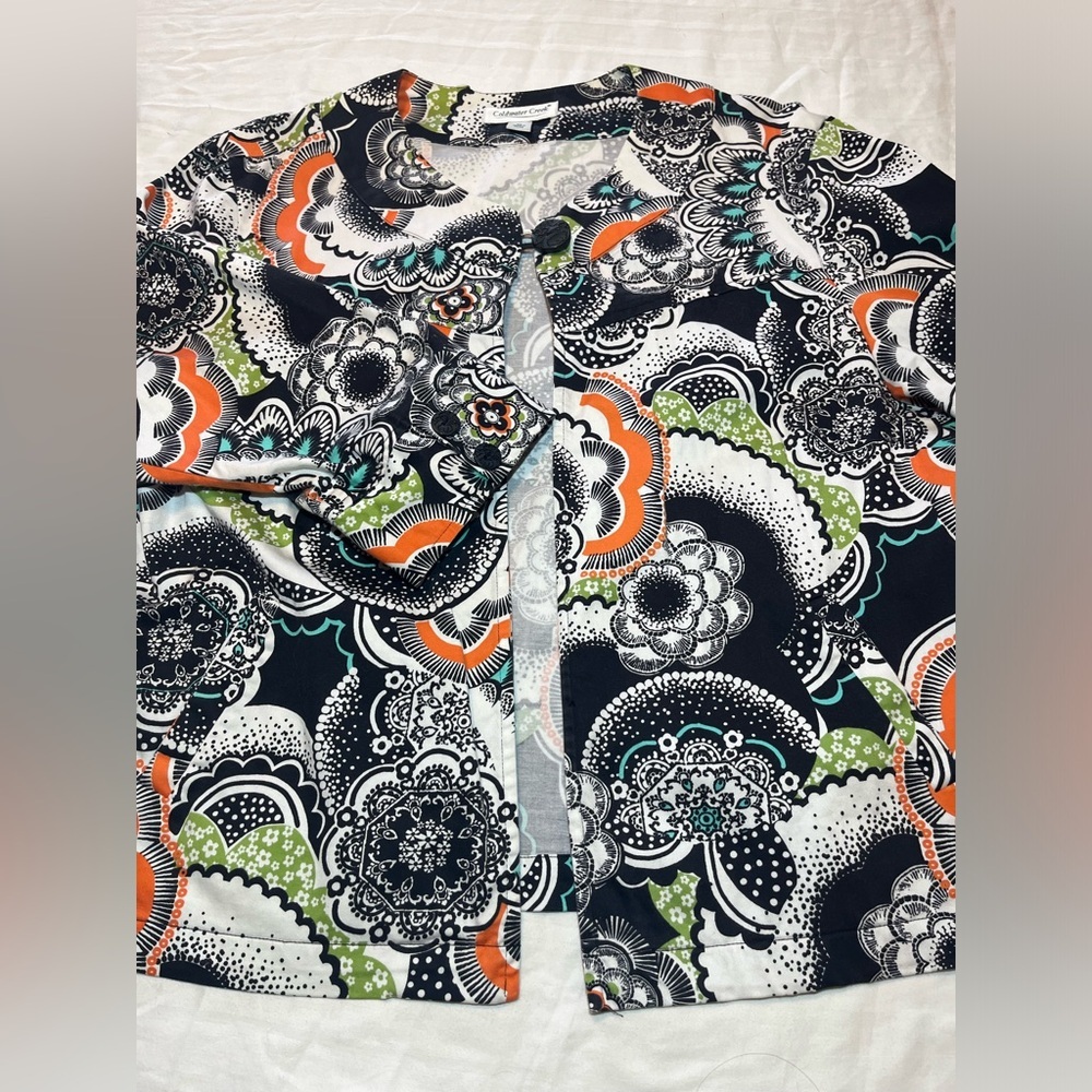 Coldwater Creek Ladies' Jacket size XL 3/4 sleeve top button close Black Floral